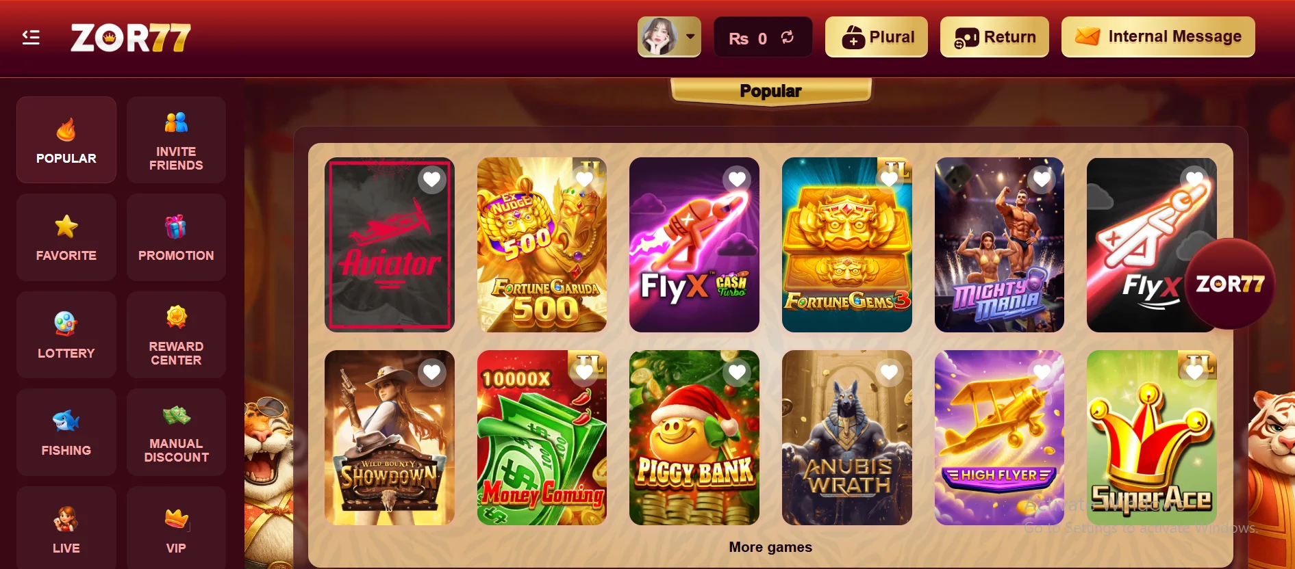ZOR 77 Game main lobby interface